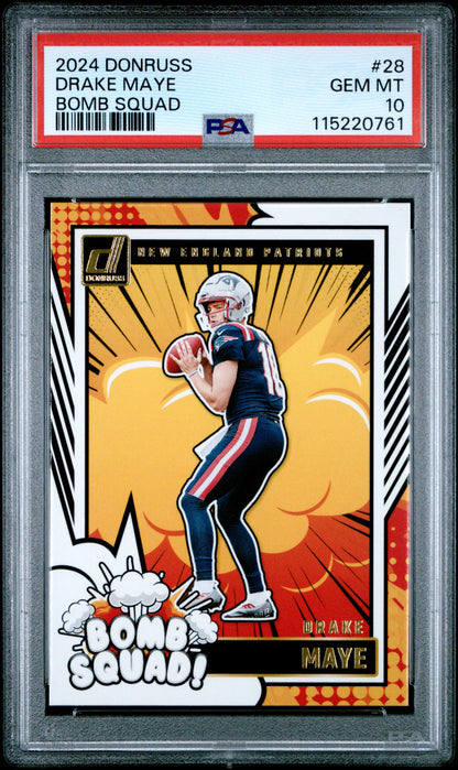 Graded 2024 Panini Donruss Drake Maye #28 Bomb Squad Rookie RC Football Card PSA 10 Gem Mint