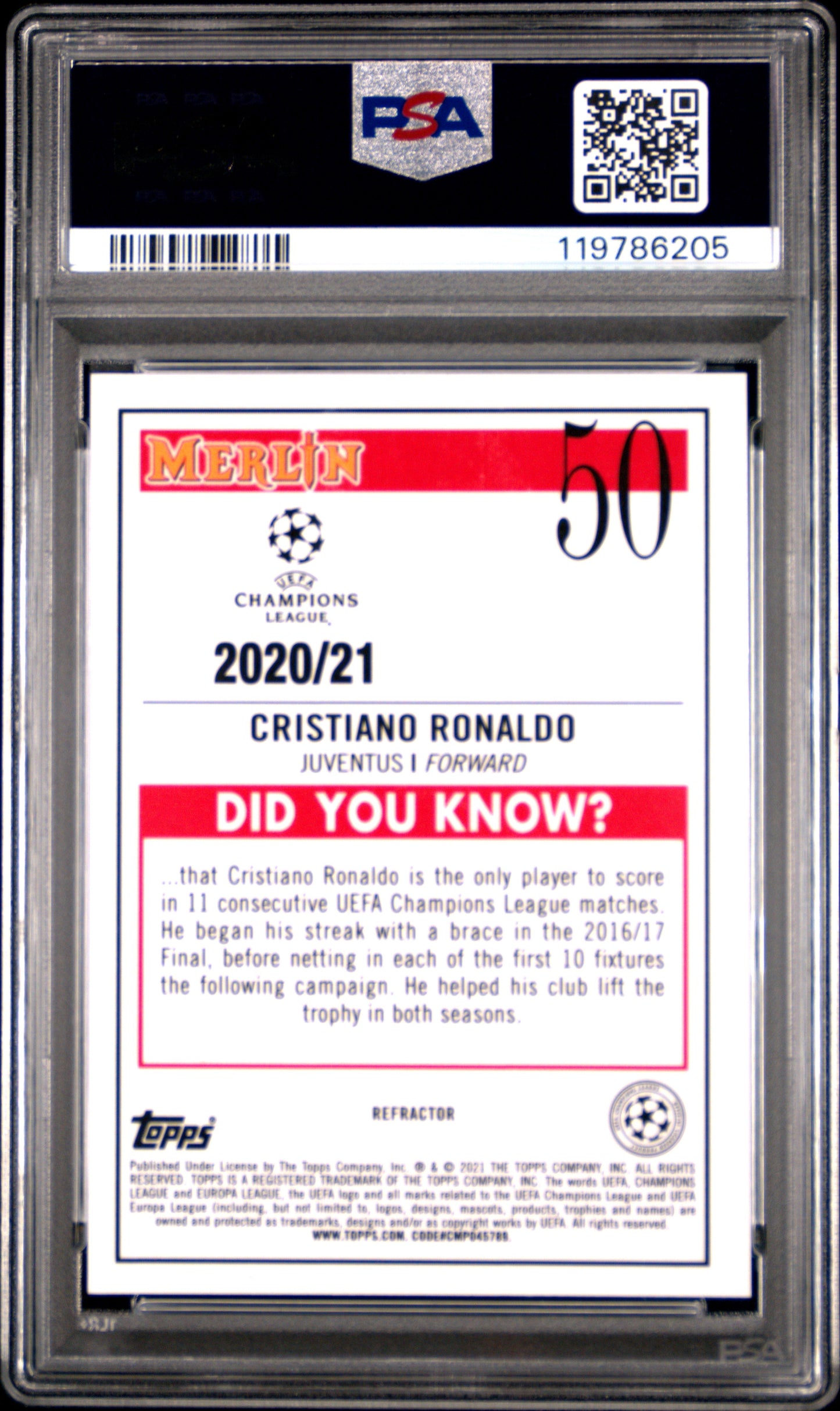 Graded 2020 Merlin Chrome UCL Cristiano Ronaldo #50 Refractor UEFA Champions League Soccer Card PSA 10 Gem Mint