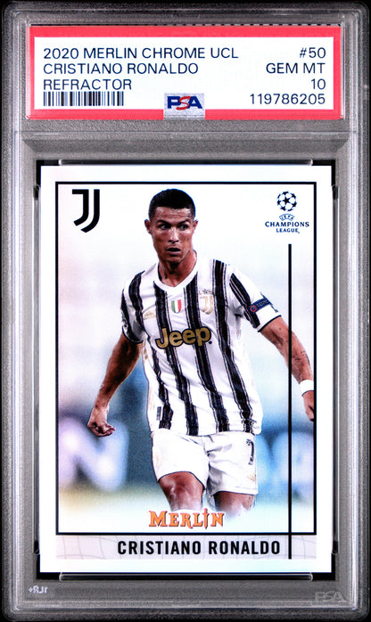 Graded 2020 Merlin Chrome UCL Cristiano Ronaldo #50 Refractor UEFA Champions League Soccer Card PSA 10 Gem Mint