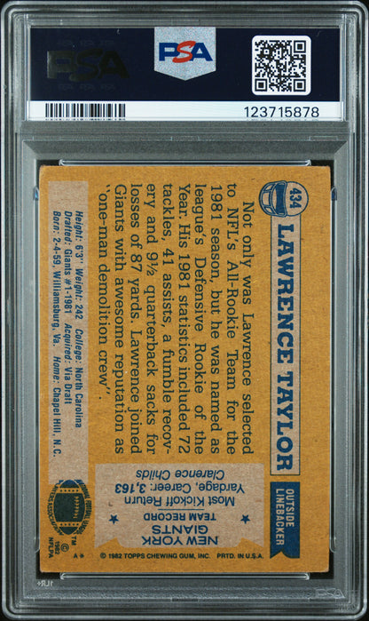Graded 1982 Topps Lawrence Taylor #434 Rookie RC Signed Football Card PSA 3 Card - Auto Grade 10