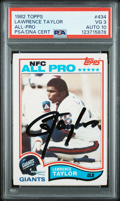 Graded 1982 Topps Lawrence Taylor #434 Rookie RC Signed Football Card PSA 3 Card - Auto Grade 10