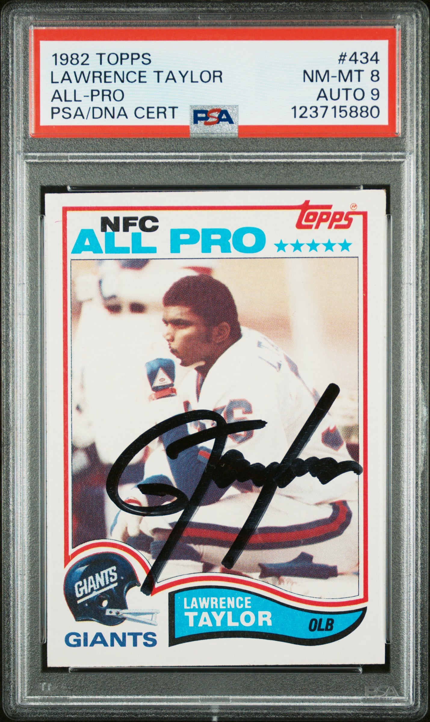Graded 1982 Topps Lawrence Taylor #434 Rookie RC Signed Football Card PSA 8 Card - Auto Grade 9