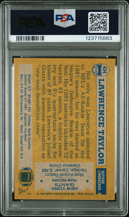 Graded 1982 Topps Lawrence Taylor #434 Rookie RC Signed Football Card PSA 9 Card - Auto Grade 10