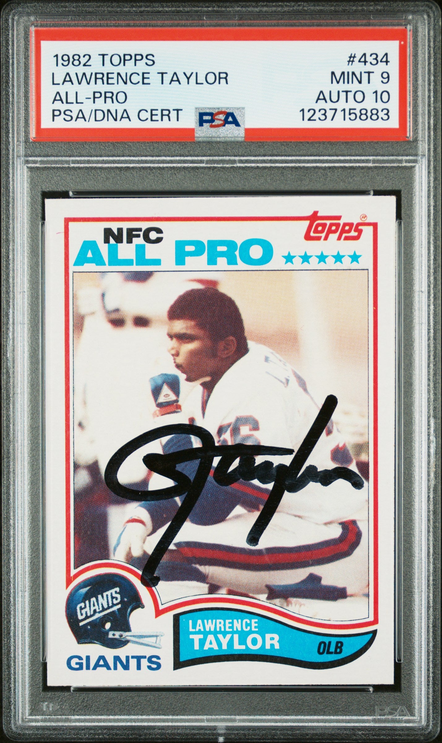 Graded 1982 Topps Lawrence Taylor #434 Rookie RC Signed Football Card PSA 9 Card - Auto Grade 10
