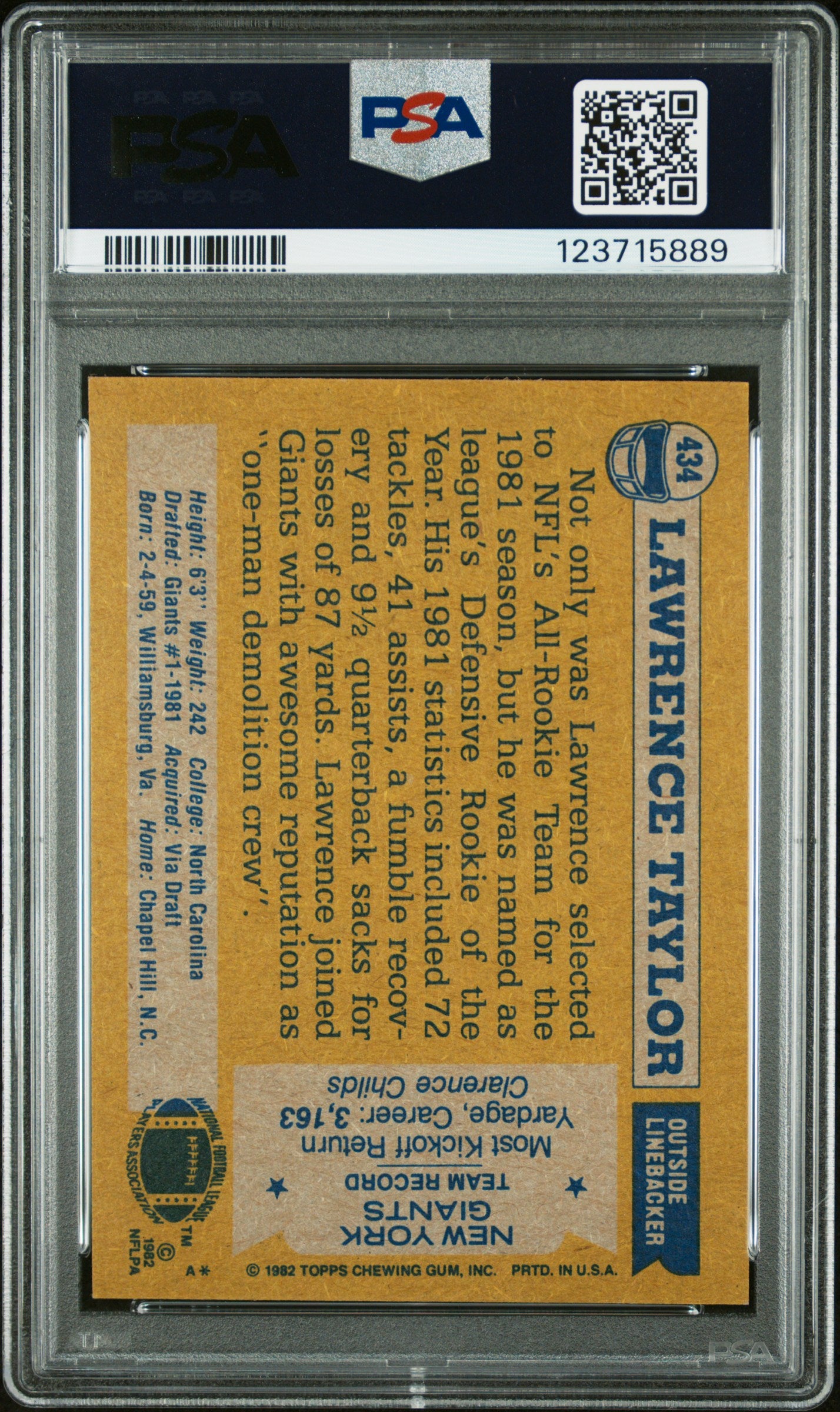Graded 1982 Topps Lawrence Taylor #434 Rookie RC Signed Football Card PSA 4 Card - Auto Grade 8