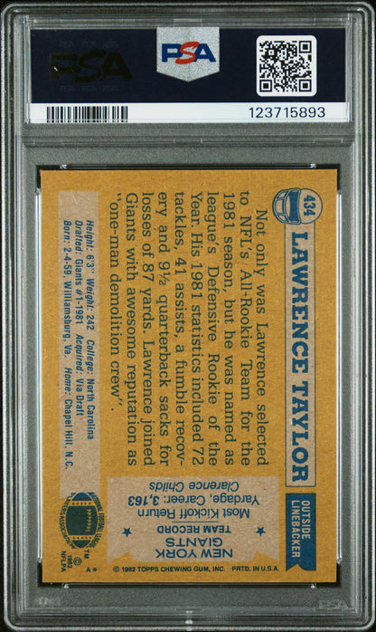 Graded 1982 Topps Lawrence Taylor #434 Rookie RC Signed Football Card PSA 7 Card - Auto Grade 10