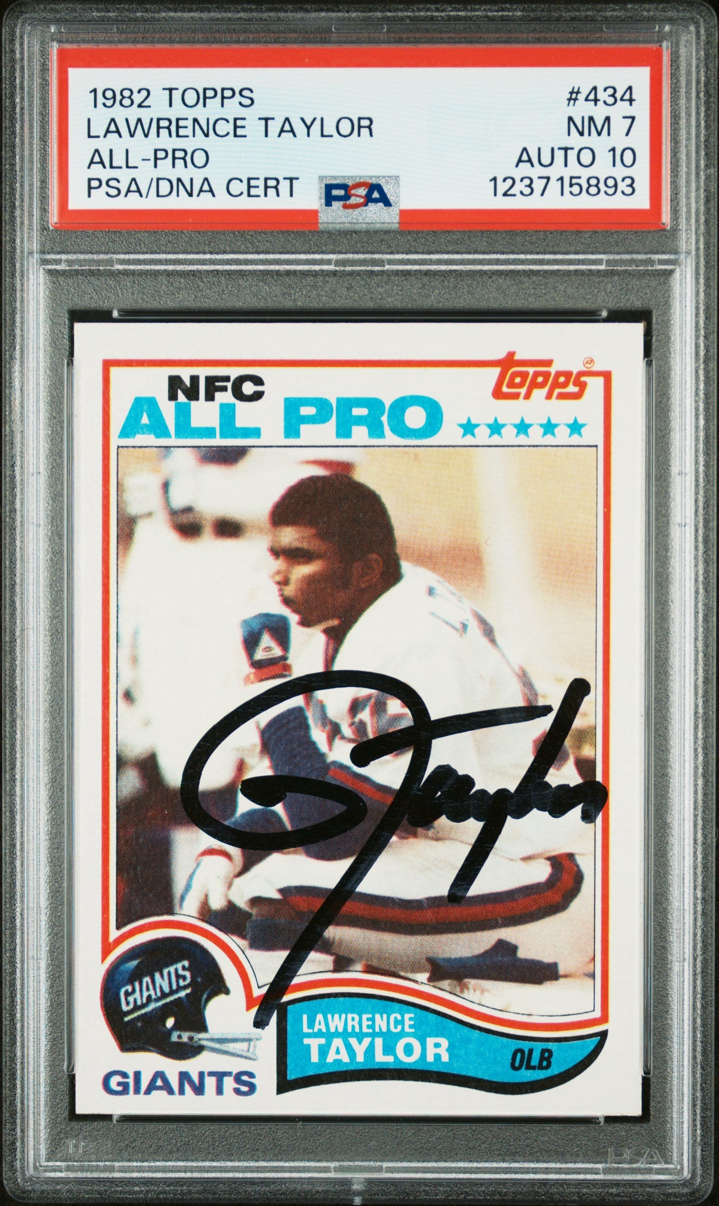 Graded 1982 Topps Lawrence Taylor #434 Rookie RC Signed Football Card PSA 7 Card - Auto Grade 10