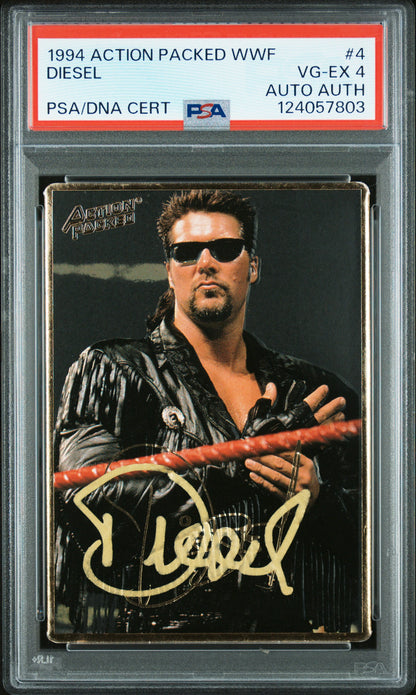 Graded 1994 Action Packed WWF Kevin Nash Diesel #4 Rookie RC Signed Wrestling Card PSA 4 Card - Auto Grade Authentic