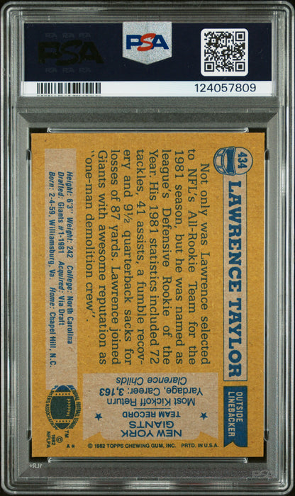 Graded 1982 Topps Lawrence Taylor #434 Rookie RC Signed Football Card PSA 8 Card - Auto Grade Authentic
