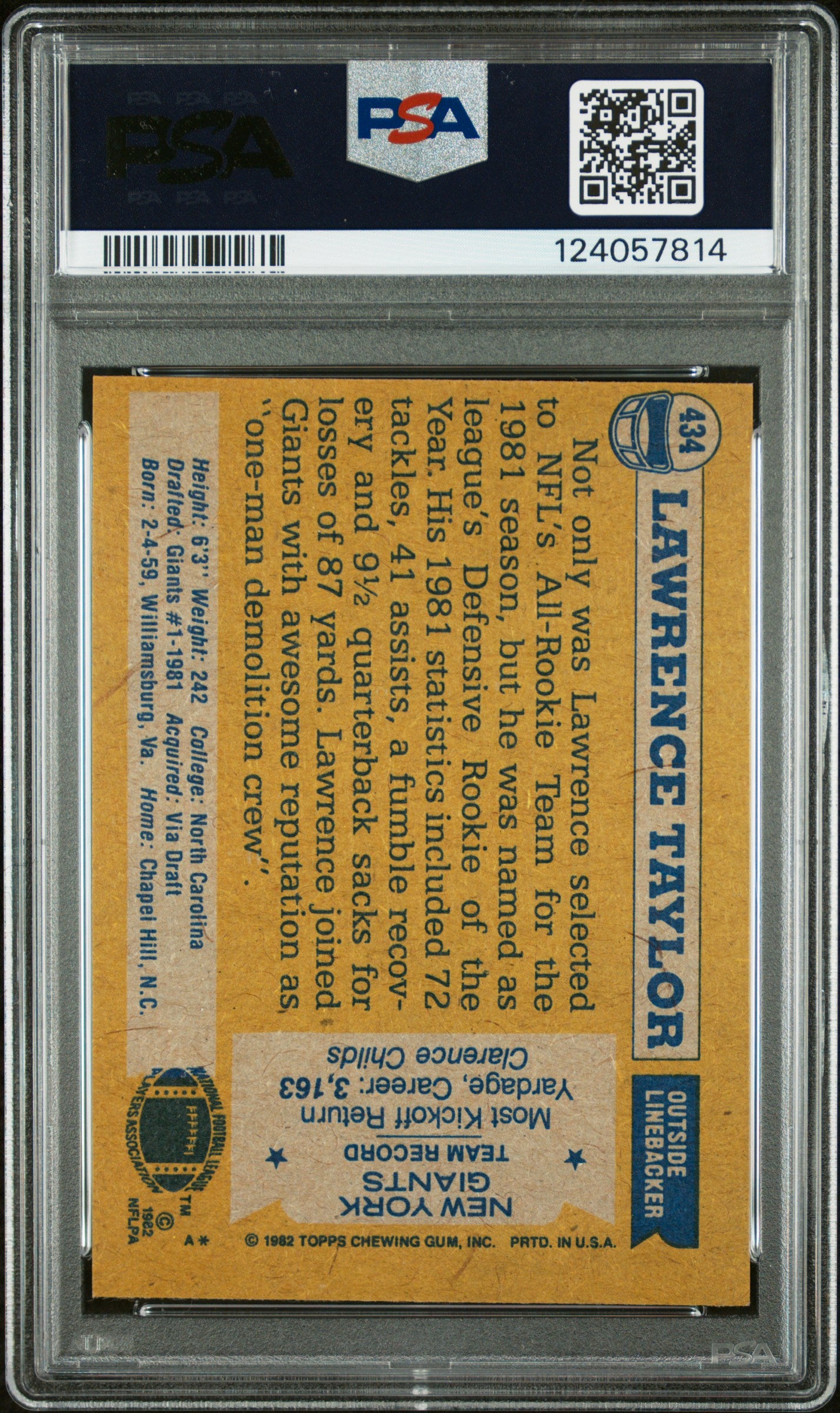 Graded 1982 Topps Lawrence Taylor #434 Rookie RC Signed Football Card PSA 3 Card - Auto Grade Authentic