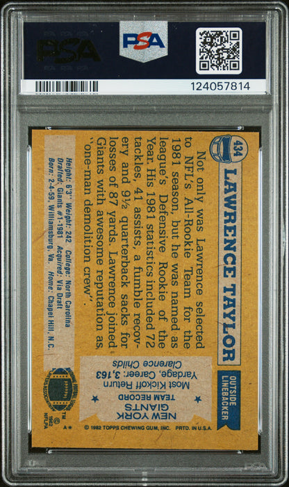 Graded 1982 Topps Lawrence Taylor #434 Rookie RC Signed Football Card PSA 3 Card - Auto Grade Authentic