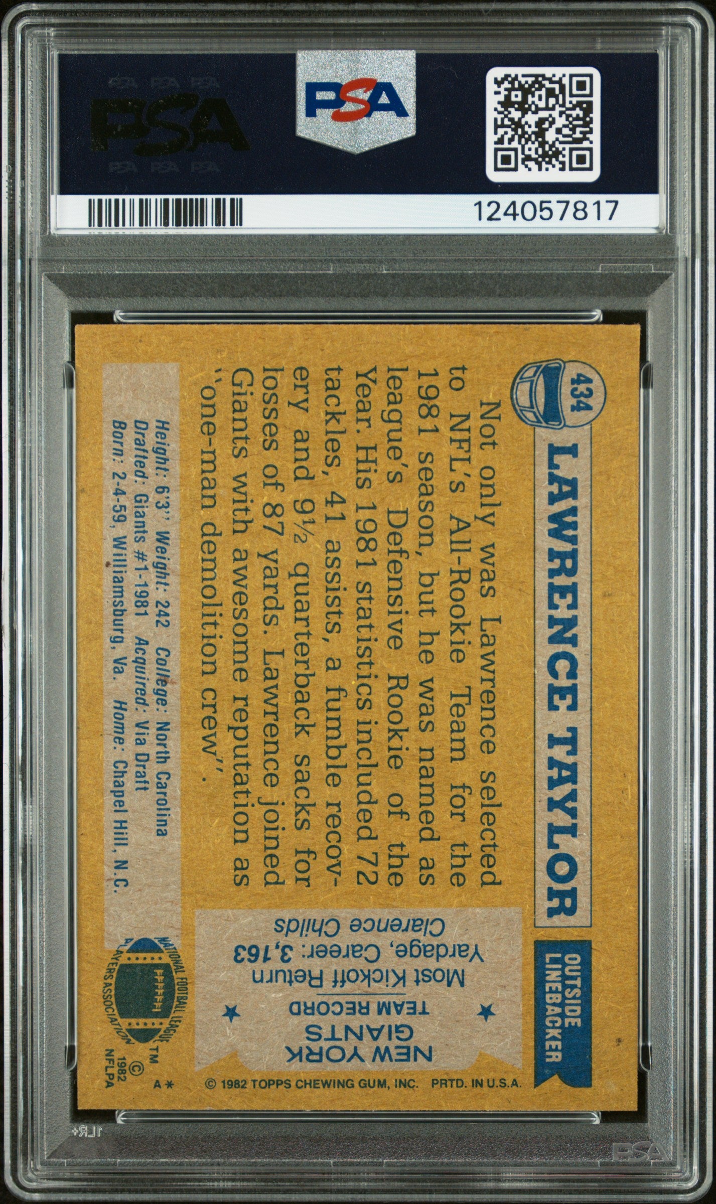 Graded 1982 Topps Lawrence Taylor #434 Rookie RC Signed Football Card PSA 9 Card - Auto Grade Authentic
