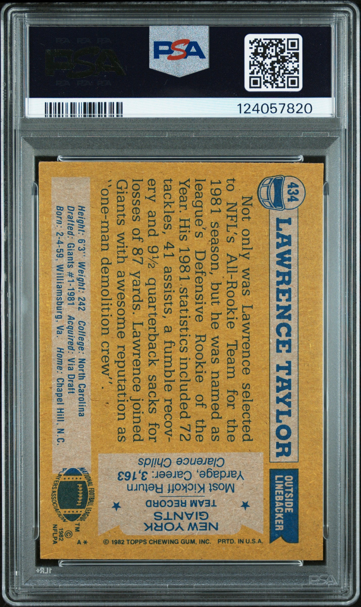 Graded 1982 Topps Lawrence Taylor #434 Rookie RC Signed Football Card PSA 7 Card - Auto Grade Authentic