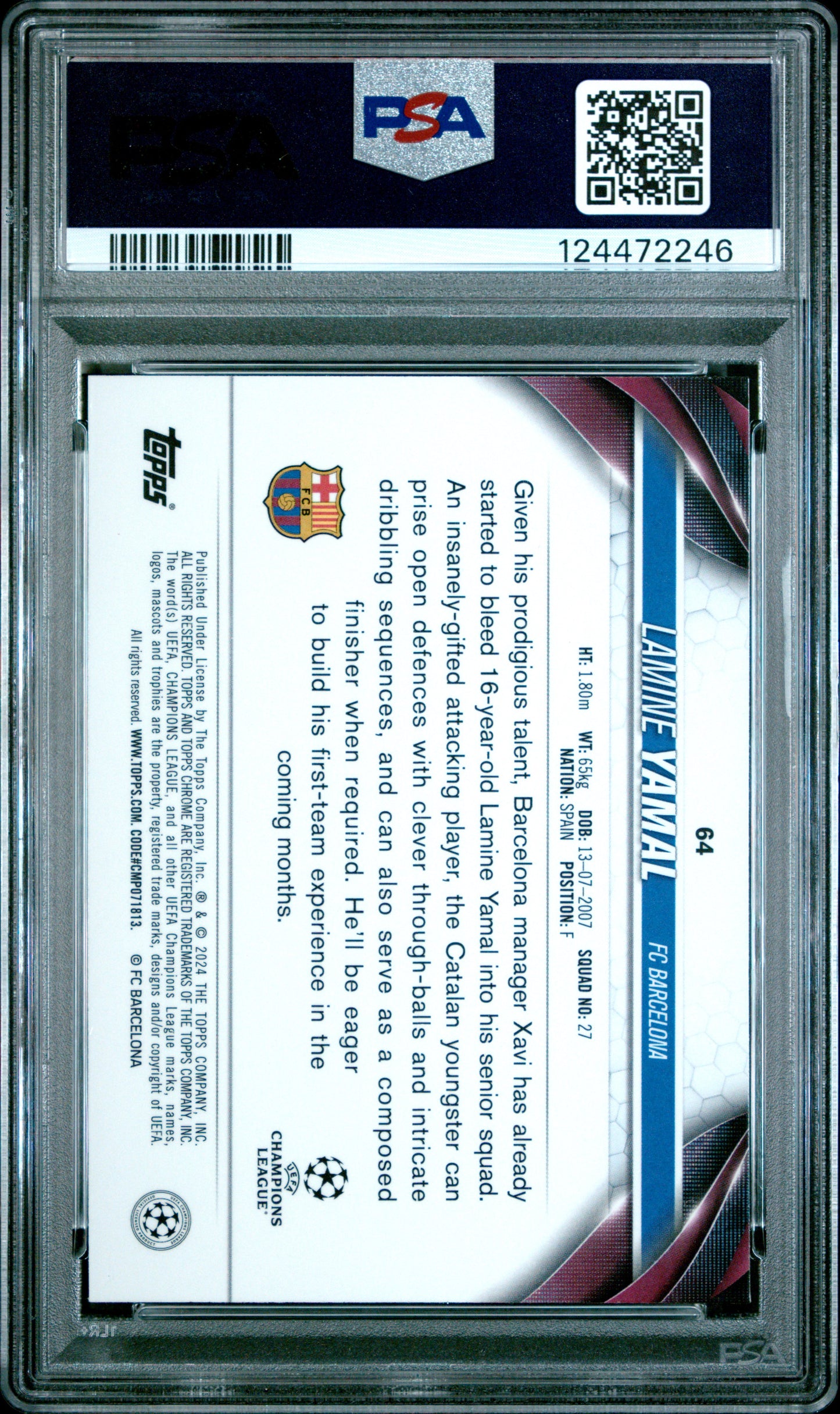 Graded 2023 Topps Chrome UCC Lamine Yamal #64 Rookie RC Soccer Card PSA 10 Gem Mint