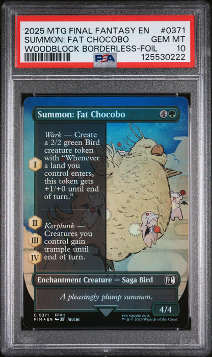 Graded 2025 Magic The Gathering Final Fantasy Summon: Fat Chocobo #0317 Woodblock Borderless Foil Card PSA 10 Gem Mint