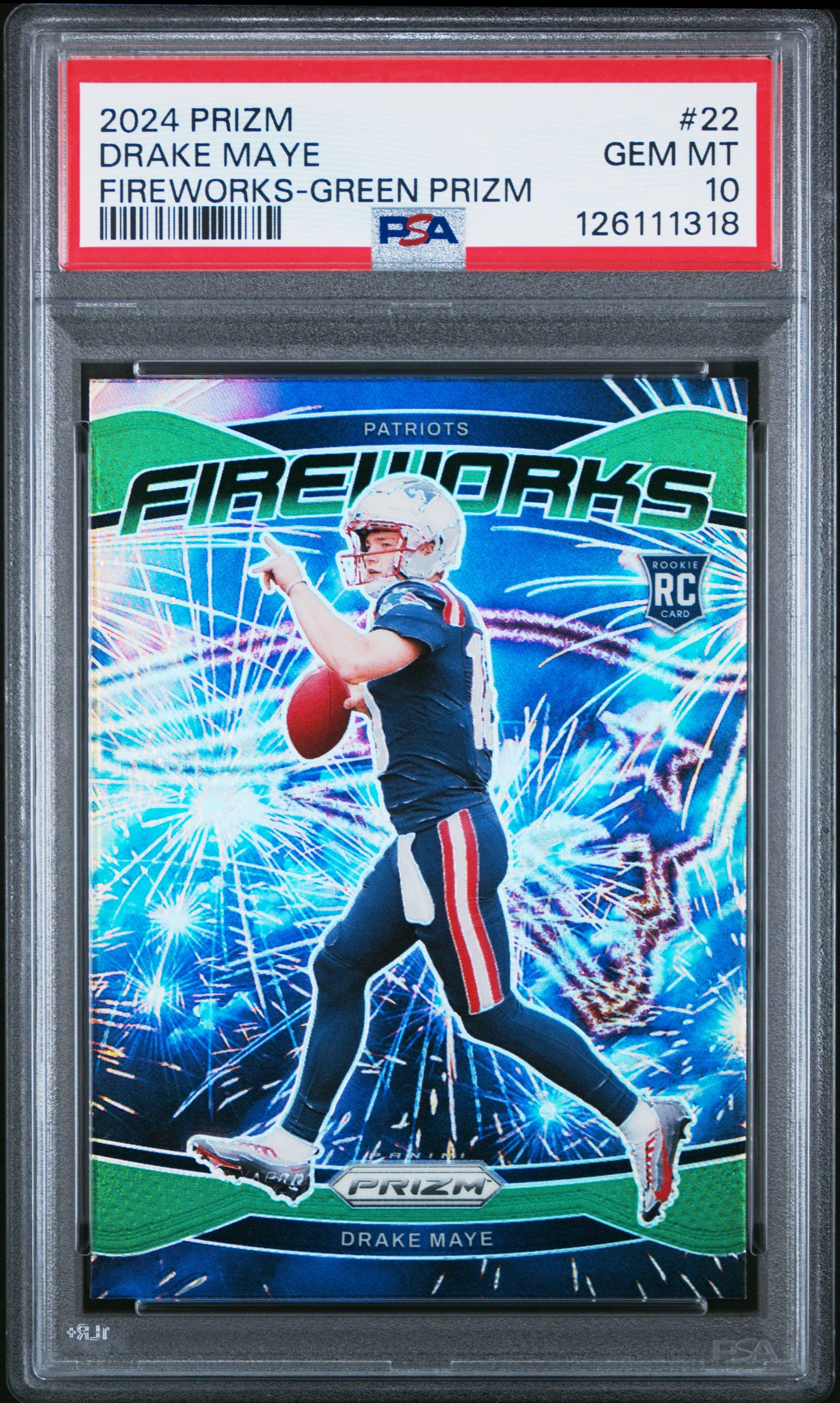 Graded 2024 Panini Prizm Drake Maye #22 Fireworks Green Prizm Rookie RC Football Card PSA 10 Gem Mint