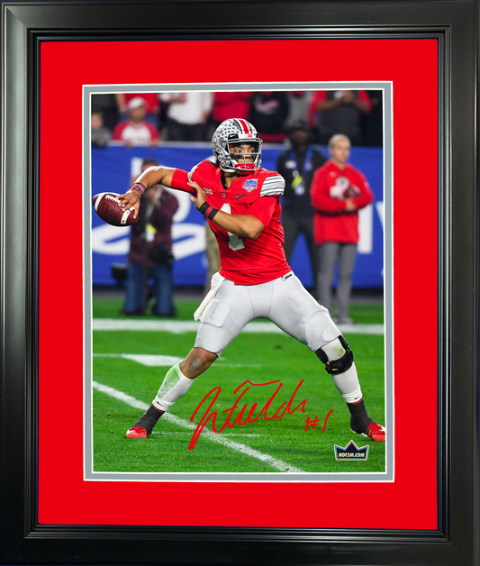 Framed Justin Fields Facsimile Laser Engraved Signature Auto Ohio State Buckeyes 11"x14" College Football Photo HOFSM Holo