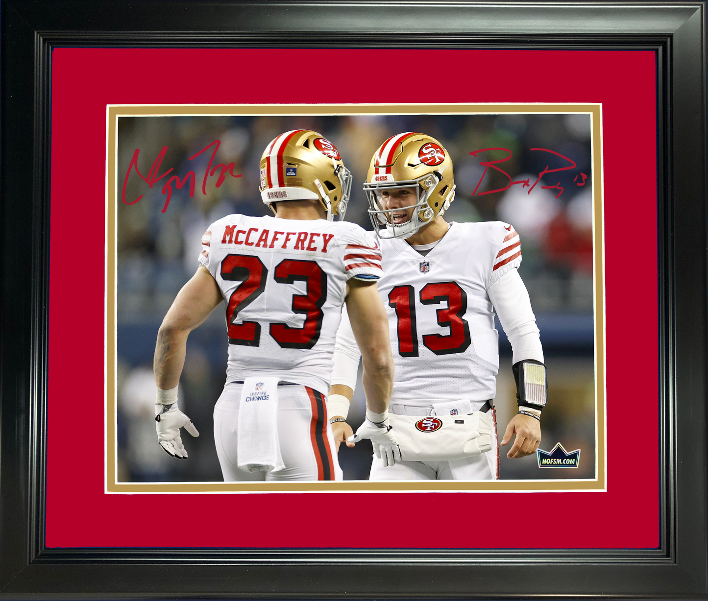 Framed Brock Purdy & Christian McCaffrey San Francisco 49ers Dual Facsimile Laser Engraved Signature Auto 11"x14" Football Photo HOFSM Holo