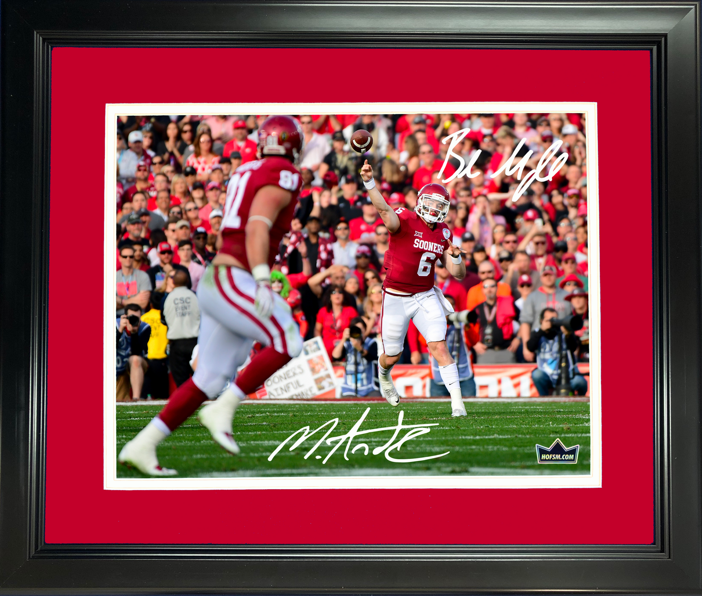 Framed Baker Mayfield & Mark Andrews Dual Facsimile Laser Engraved Signature Auto Oklahoma Sooners 11"x14" College Football Photo HOFSM Holo