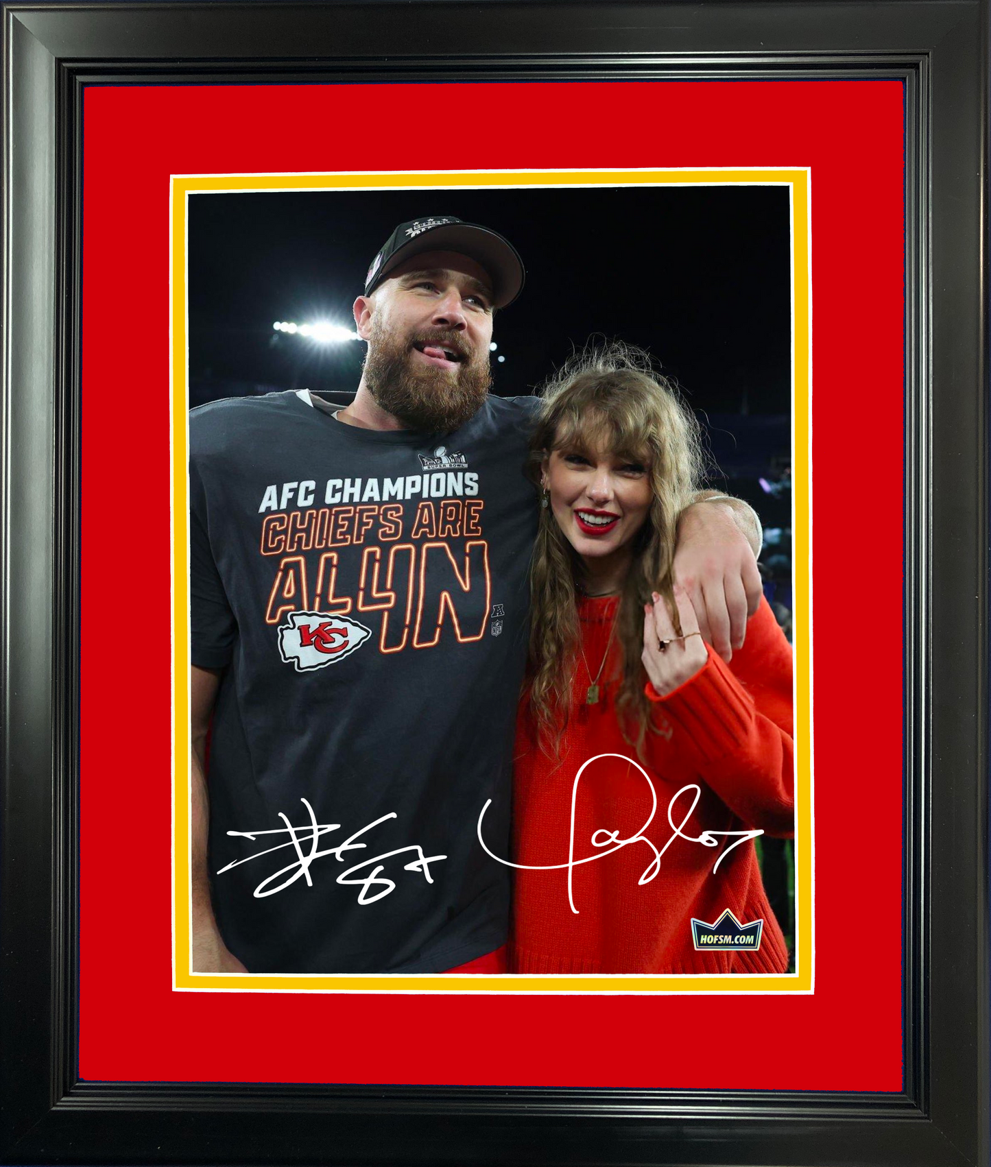 Framed Travis Kelce Dual Facsimile Laser Engraved Signature Auto Kansas City Chiefs 11"x14" Football Photo HOFSM Holo