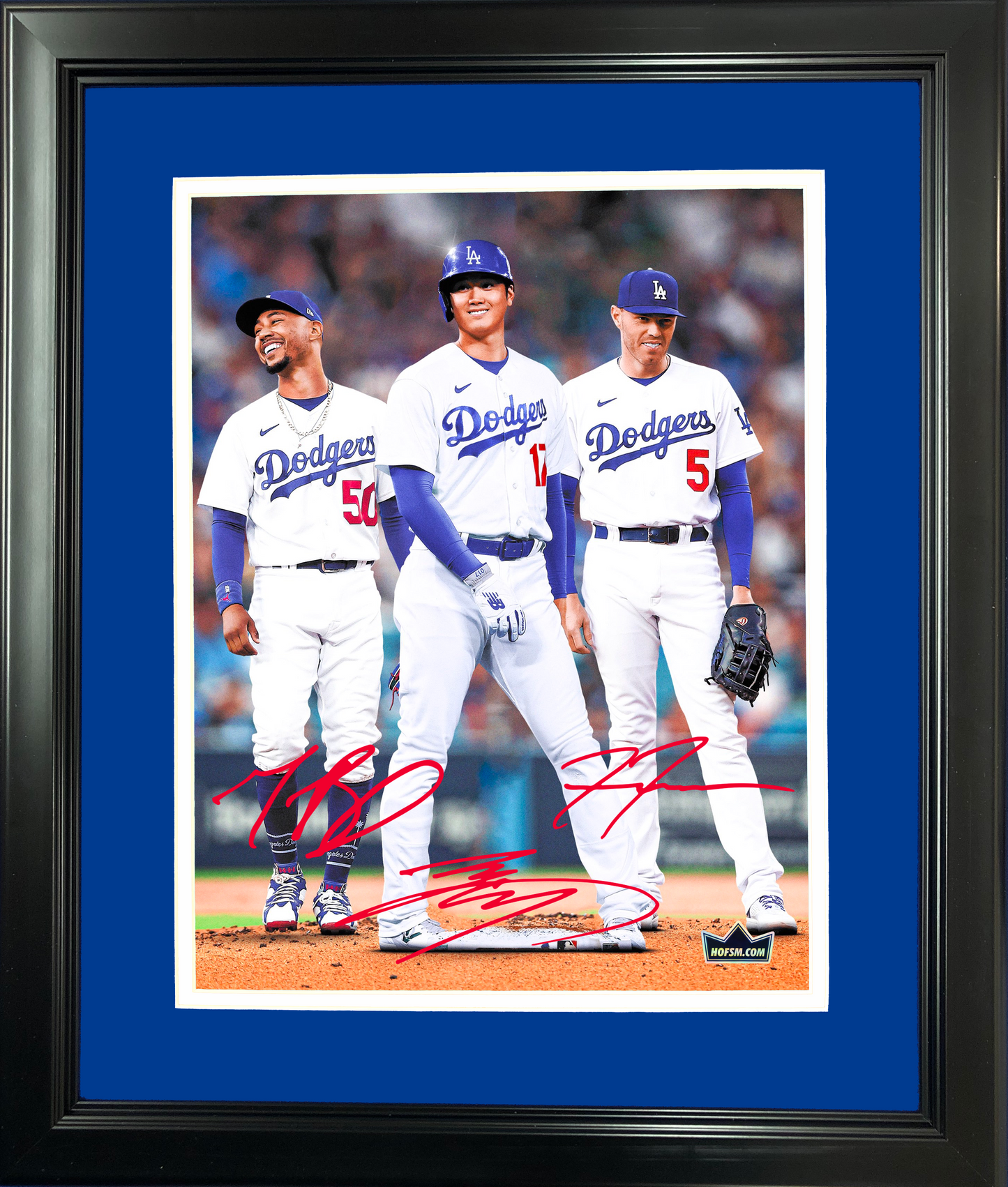 Framed Shohei Ohtani, Freddie Freeman & Mookie Betts Los Angeles Dodgers Big 3 Facsimile Laser Engraved Signature Auto 11"x14"Baseball Photo HOFSM Holo