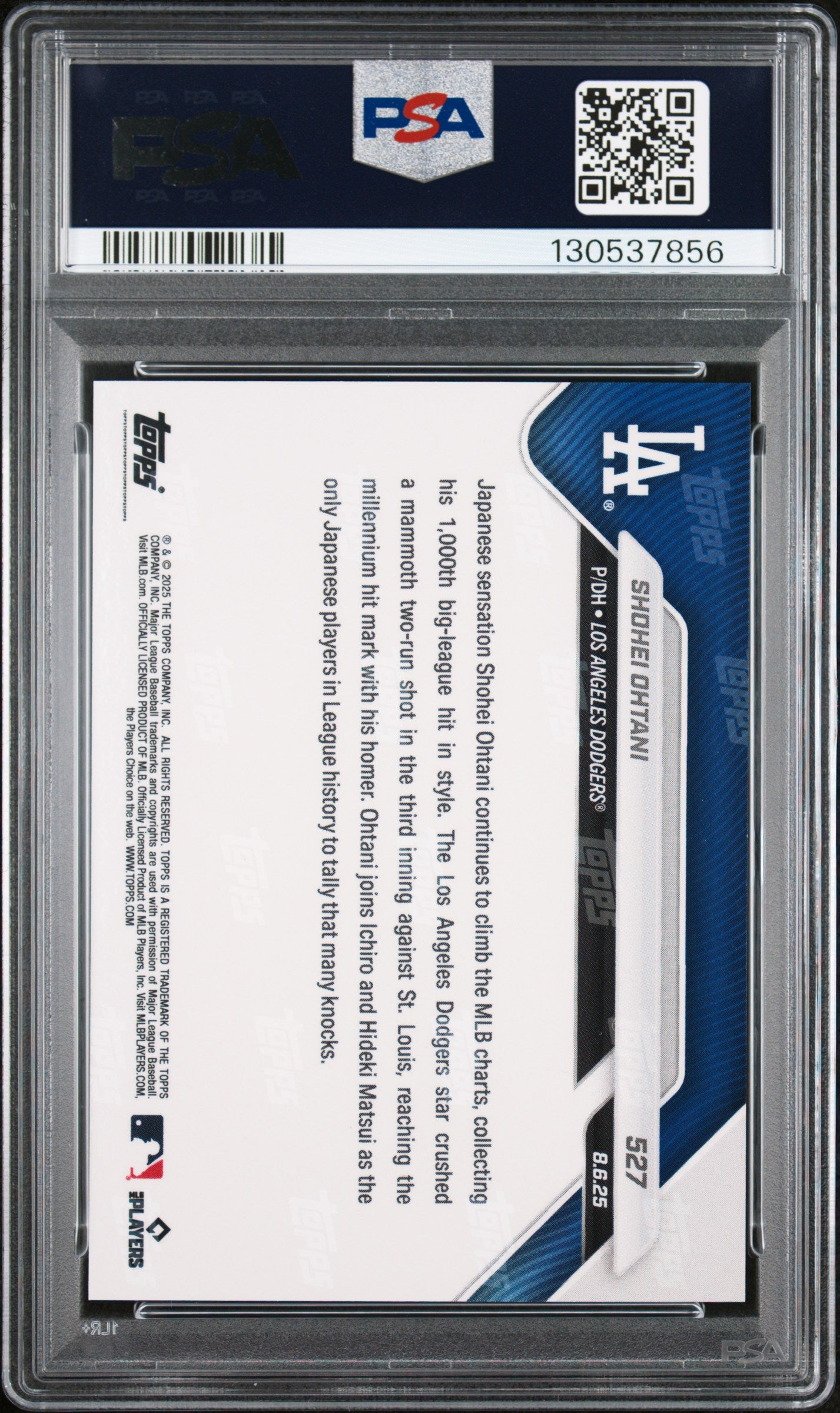 Graded 2025 Topps Now Shohei Ohtani #527 Blasts Majestic HR for 1,000th MLB Hit Baseball Card PSA 10 Gem Mint