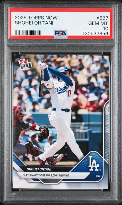 Graded 2025 Topps Now Shohei Ohtani #527 Blasts Majestic HR for 1,000th MLB Hit Baseball Card PSA 10 Gem Mint