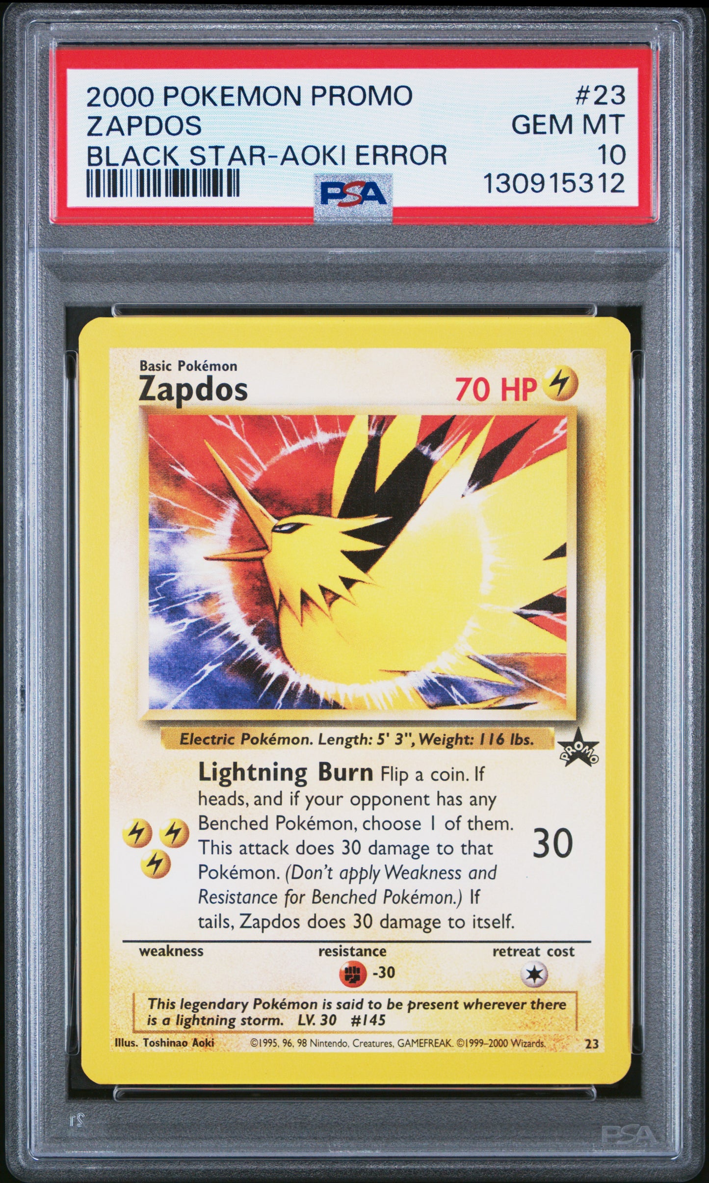 Graded 2000 PKM Promo Zapdos #23 Black Star Aoki Error Trading Card Game PSA 10 Gem Mint