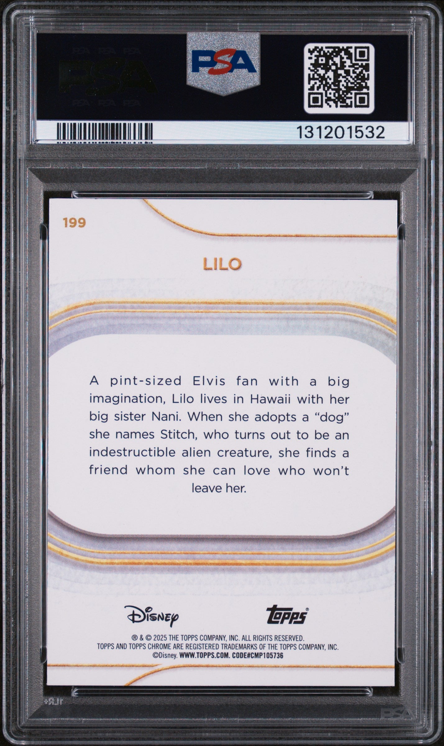 Graded 2025 Topps Chrome Disney Lilo #199 Yellow Refractor #/275 Lilo & Stitch Trading Card PSA 10 Gem Mint