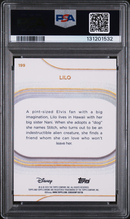 Graded 2025 Topps Chrome Disney Lilo #199 Yellow Refractor #/275 Lilo & Stitch Trading Card PSA 10 Gem Mint