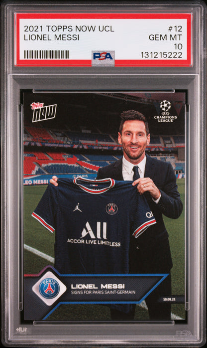 Graded 2021 Topps Now UCL Lionel Messi #12 Signs for PSG UEFA Champions League Soccer Card PSA 10 Gem Mint