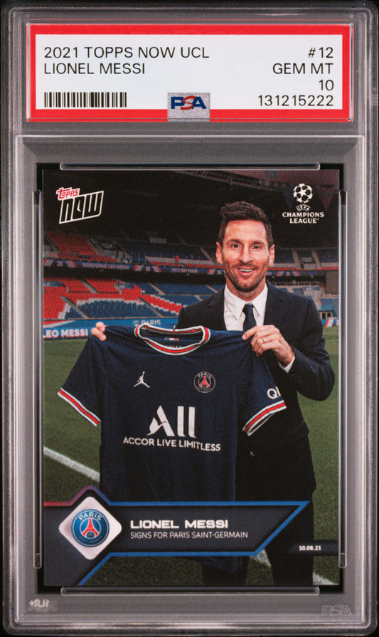 Graded 2021 Topps Now UCL Lionel Messi #12 Signs for PSG UEFA Champions League Soccer Card PSA 10 Gem Mint