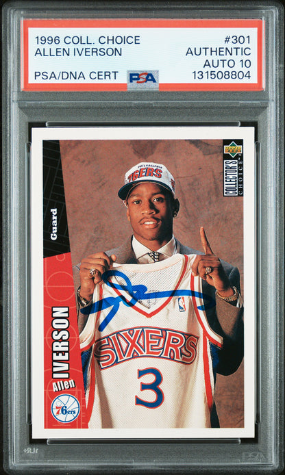 Graded 1996 Upper Deck UD Collector's Choice Allen Iverson #301 Rookie RC Basketball Card PSA 10 Auto Grade Gem Mint