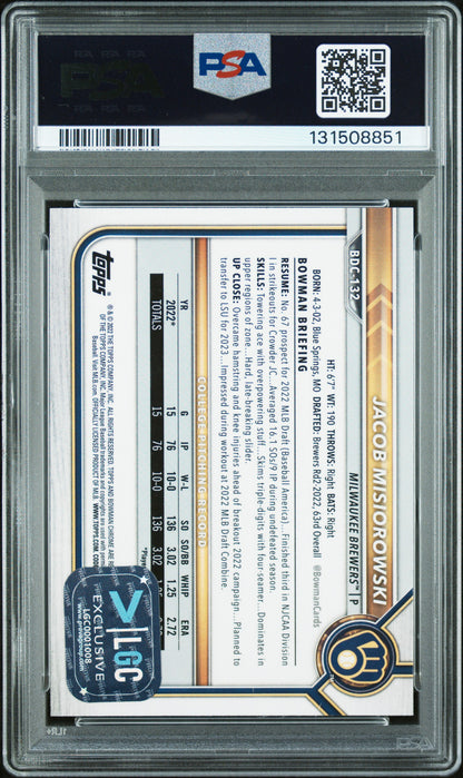 Graded 2022 Topps Bowman Draft Jacob Misiorowski #BDC-132 Chrome Rookie RC Baseball Card PSA 10 Auto Grade Gem Mint