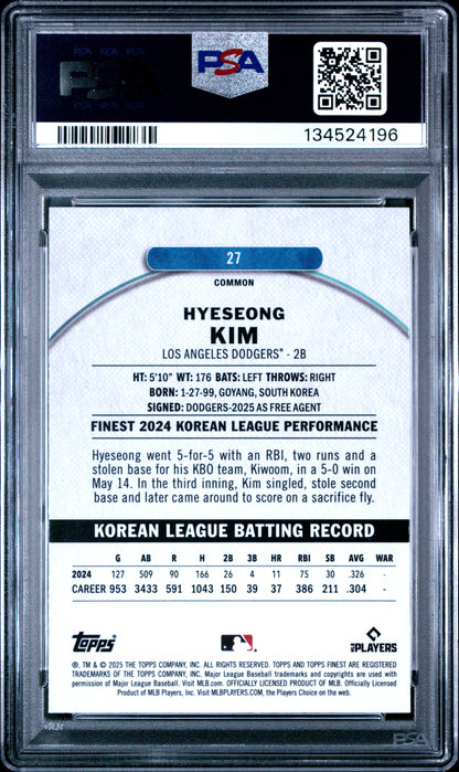 Graded 2025 Topps Finest Hyeseong Kim #27 Sky Blue Refractor /325 Rookie RC Baseball Card PSA 10 Gem Mint