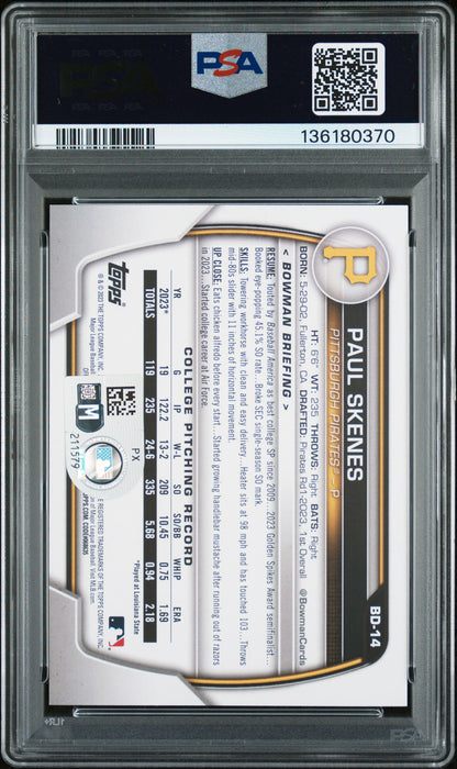 Graded 2023 Topps Bowman Draft Paul Skenes #BD14 Rookie RC Baseball Card *FINGER PRINT Smudge* PSA Auto Grade Gem Mint