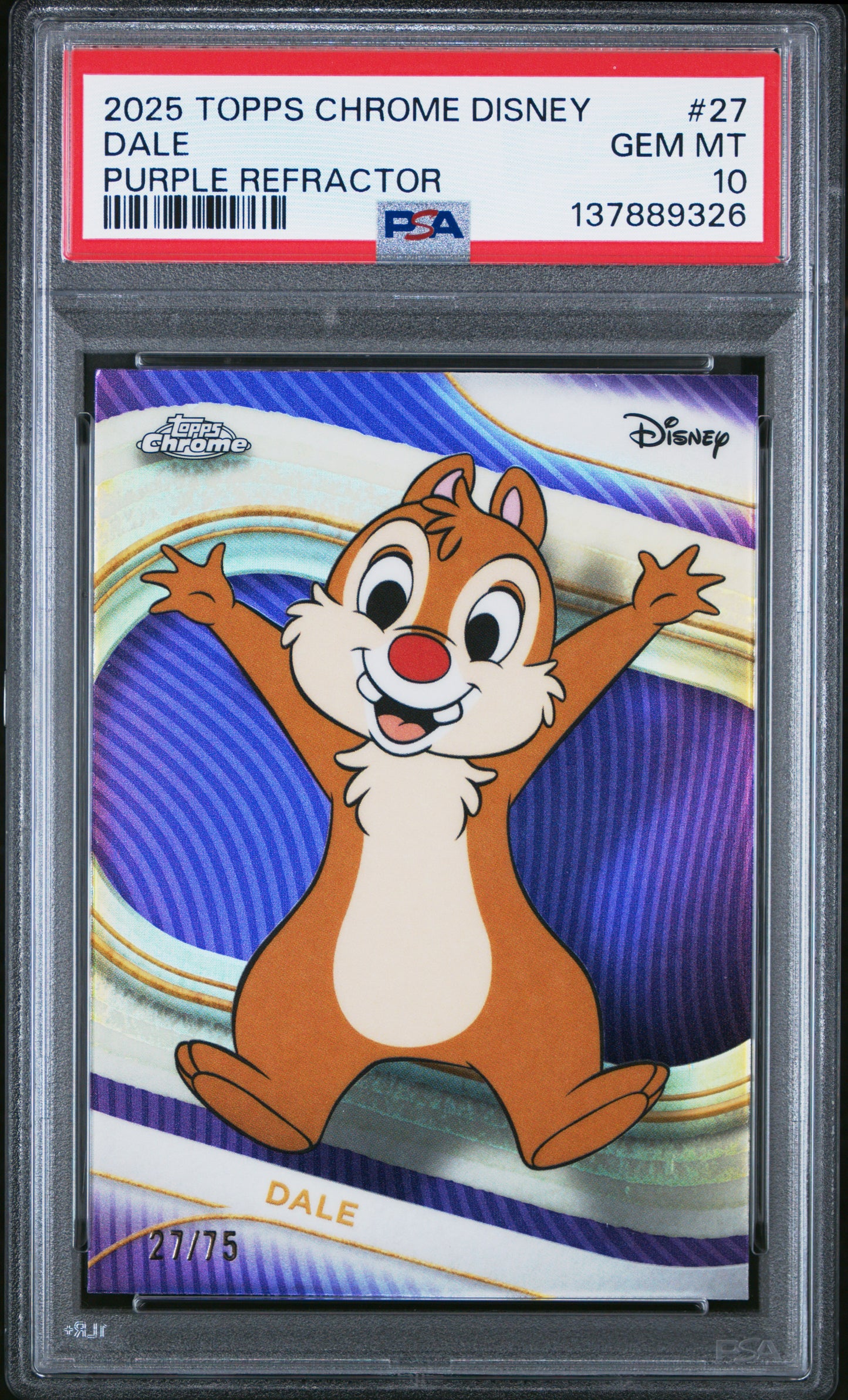Graded 2025 Topps Chrome Disney Dale #27 Purple Refractor #/75 Chip & Dale Trading Card PSA 10 Gem Mint