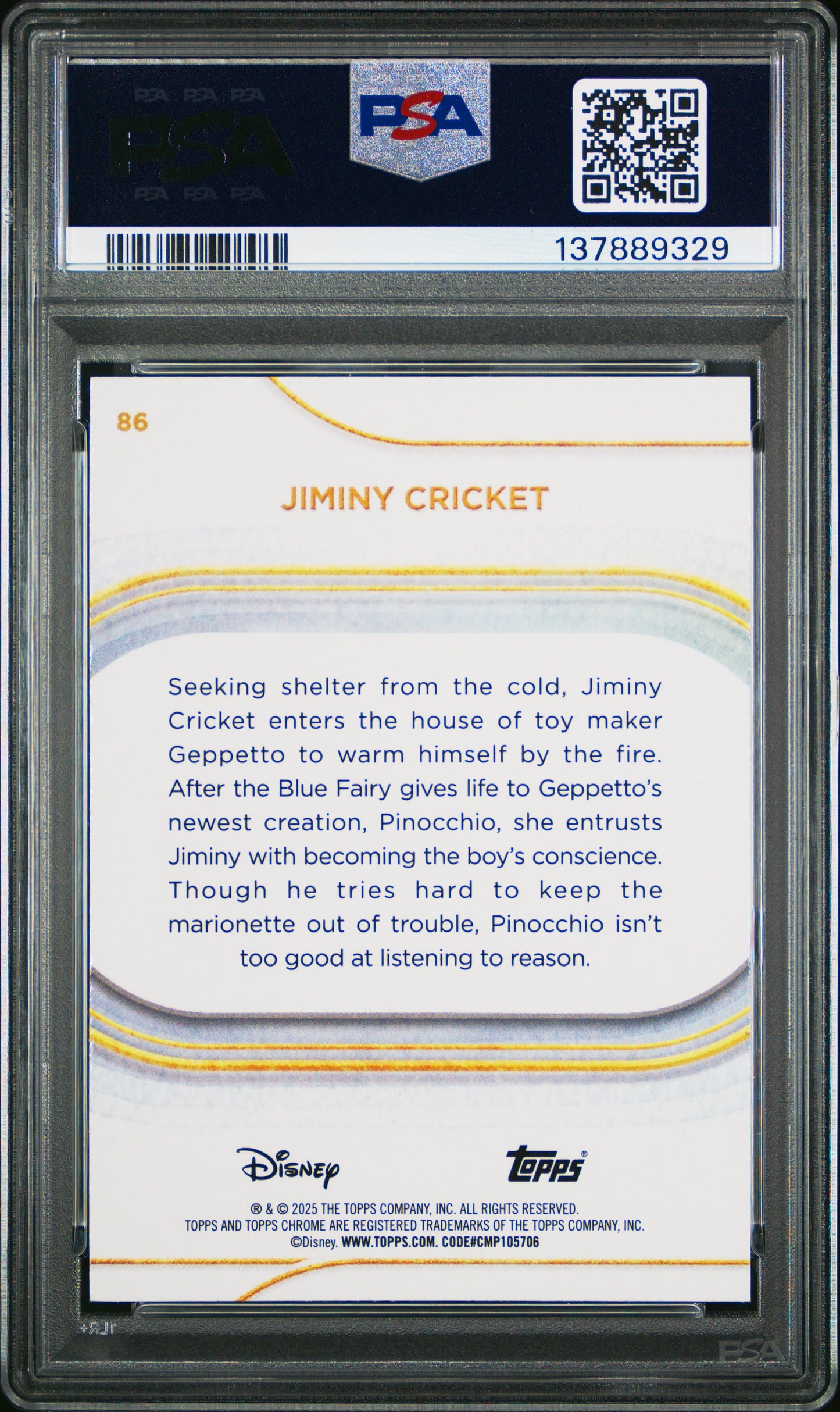 Graded 2025 Topps Chrome Disney Jiminy Cricket #86 Pink Refractor #/250 Pinocchio Trading Card PSA 10 Gem Mint