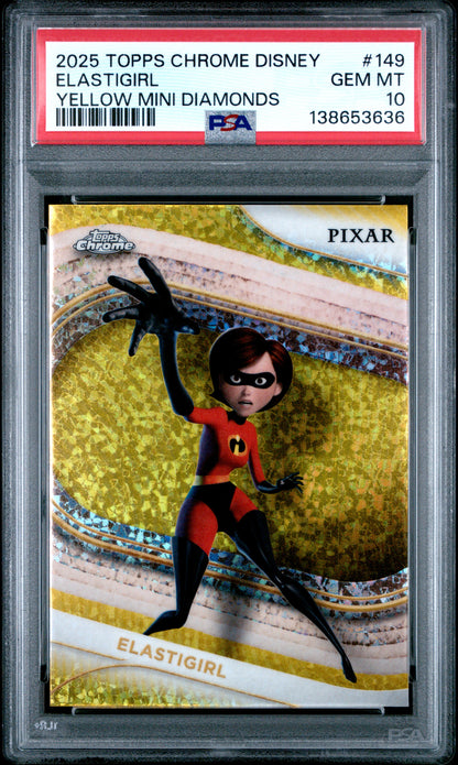 Graded 2025 Topps Chrome Disney Elastigirl #149 Yellow Mini Diamonds The Incredibles Mrs. Incredible Trading Card PSA 10 Gem Mint