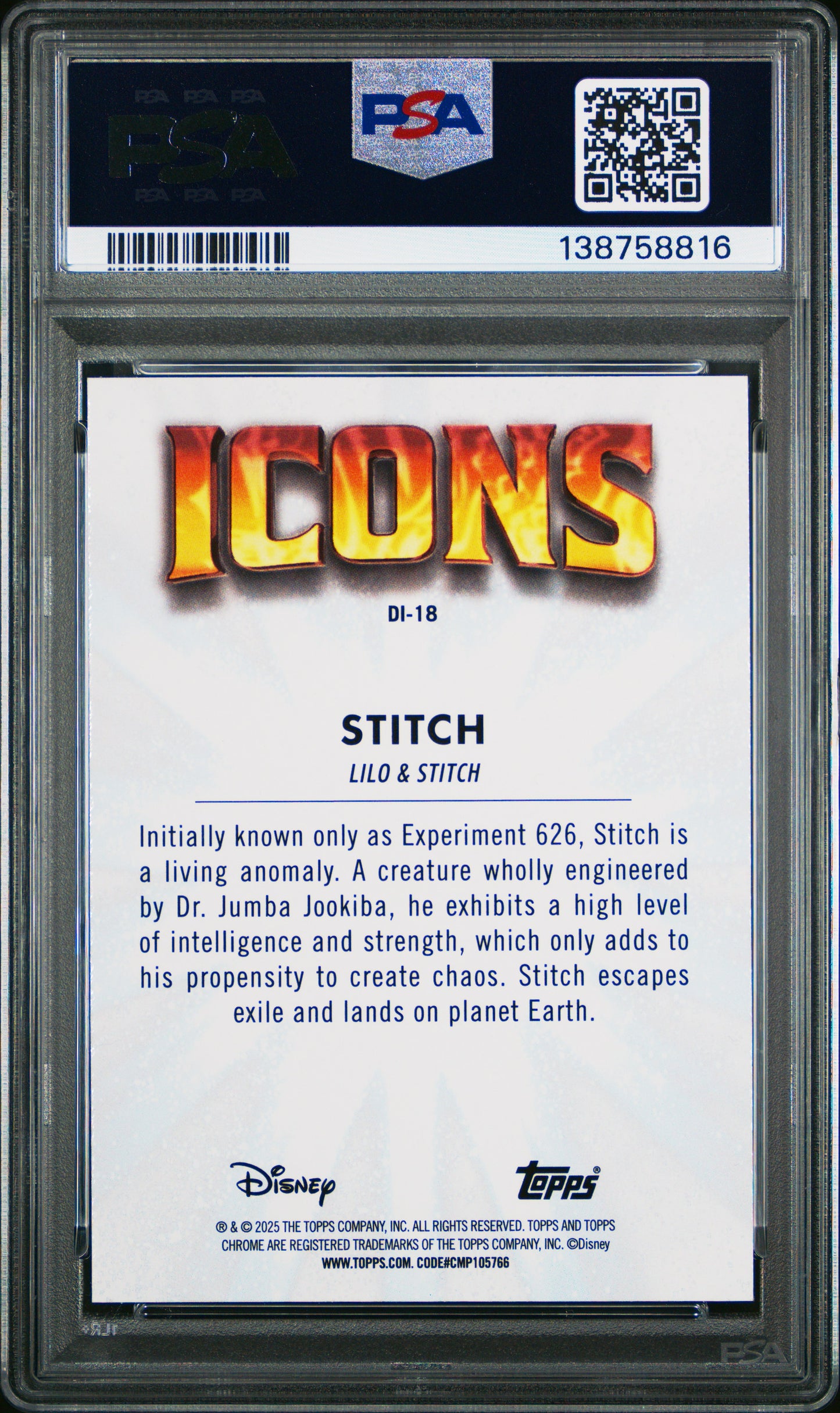 Graded 2025 Topps Chrome Disney Stitch #18 Icons Lilo & Stitch Trading Card PSA 10 Gem Mint