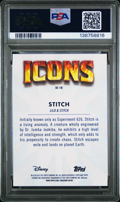 Graded 2025 Topps Chrome Disney Stitch #18 Icons Lilo & Stitch Trading Card PSA 10 Gem Mint