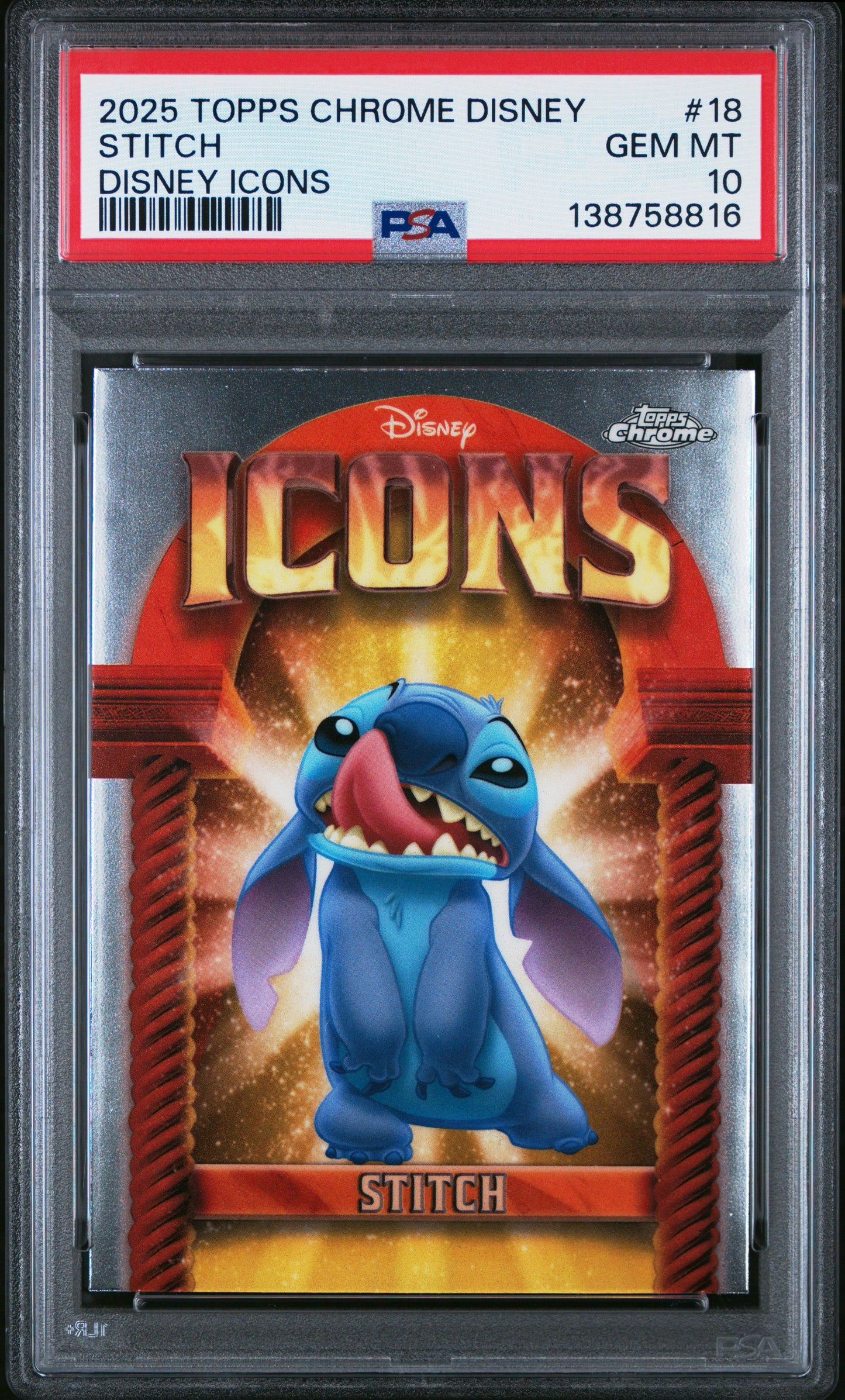 Graded 2025 Topps Chrome Disney Stitch #18 Icons Lilo & Stitch Trading Card PSA 10 Gem Mint
