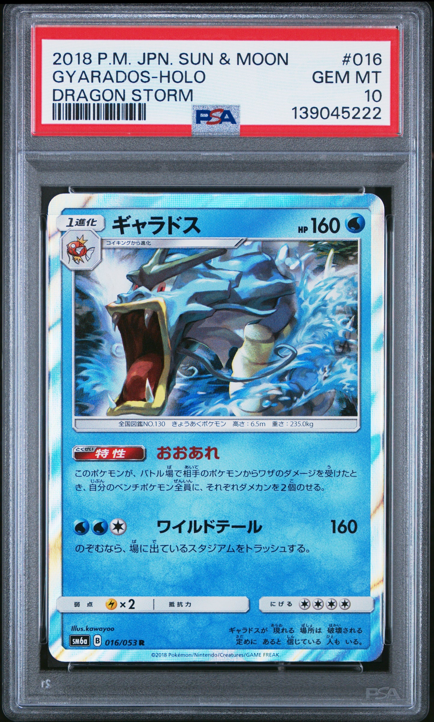 Graded 2018 PKM Japanese Sun & Moon SM6a Gyarados-Holo #016 Dragon Storm Trading Card Game PSA 10 Gem Mint