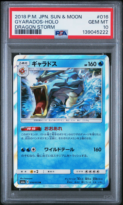 Graded 2018 PKM Japanese Sun & Moon SM6a Gyarados-Holo #016 Dragon Storm Trading Card Game PSA 10 Gem Mint