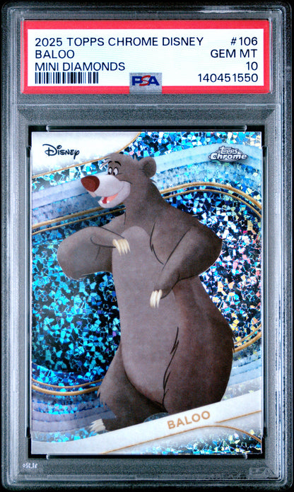 Graded 2025 Topps Chrome Disney Baloo #106 Mini Diamonds The Jungle Book Trading Card PSA 10 Gem Mint
