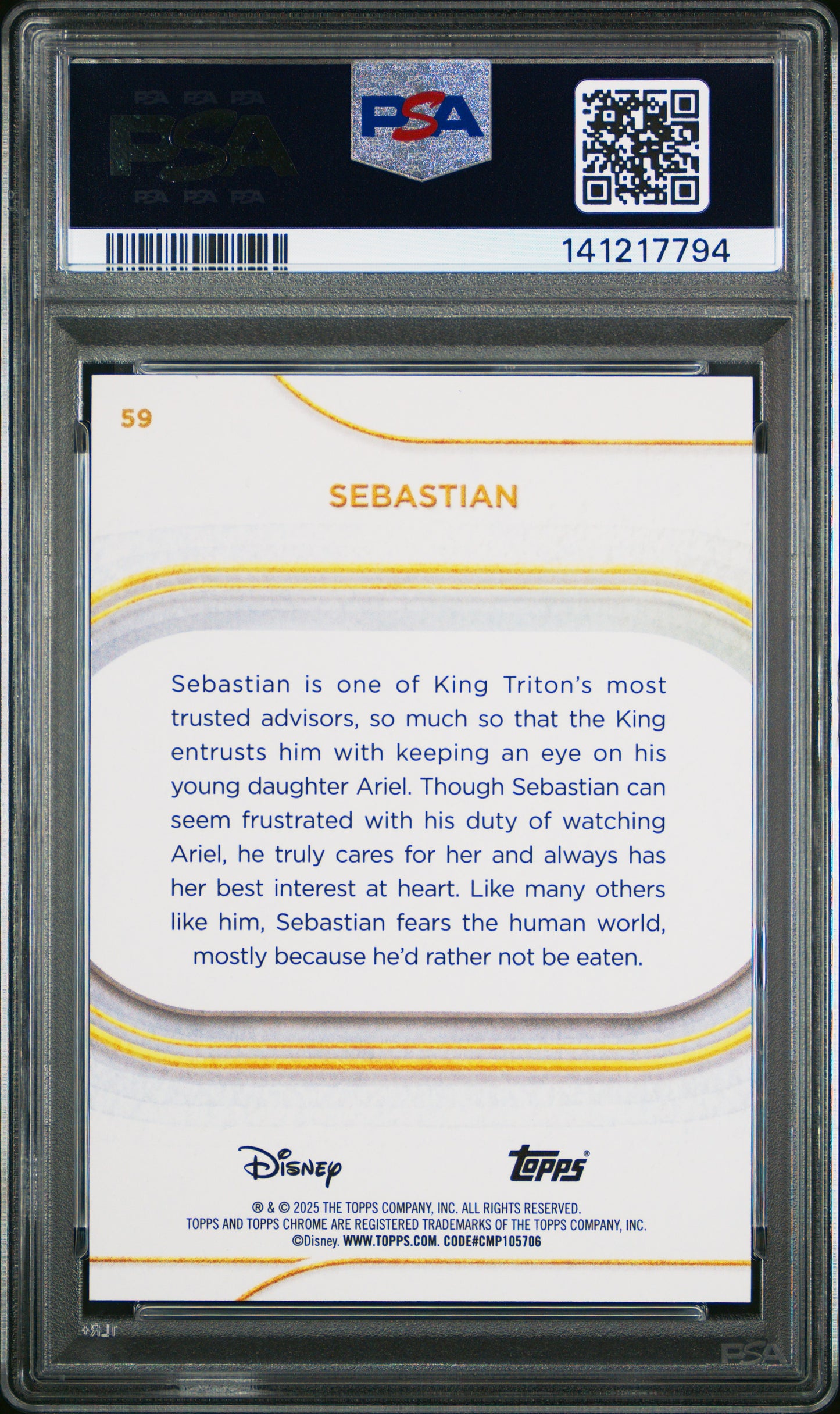 Graded 2025 Topps Chrome Disney Sebastian #59 Purple Wave #/75 The Little Mermaid Trading Card PSA 10 Gem Mint