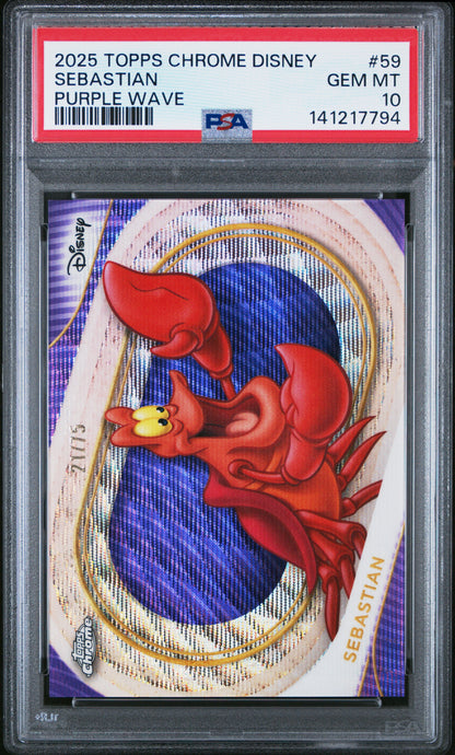 Graded 2025 Topps Chrome Disney Sebastian #59 Purple Wave #/75 The Little Mermaid Trading Card PSA 10 Gem Mint
