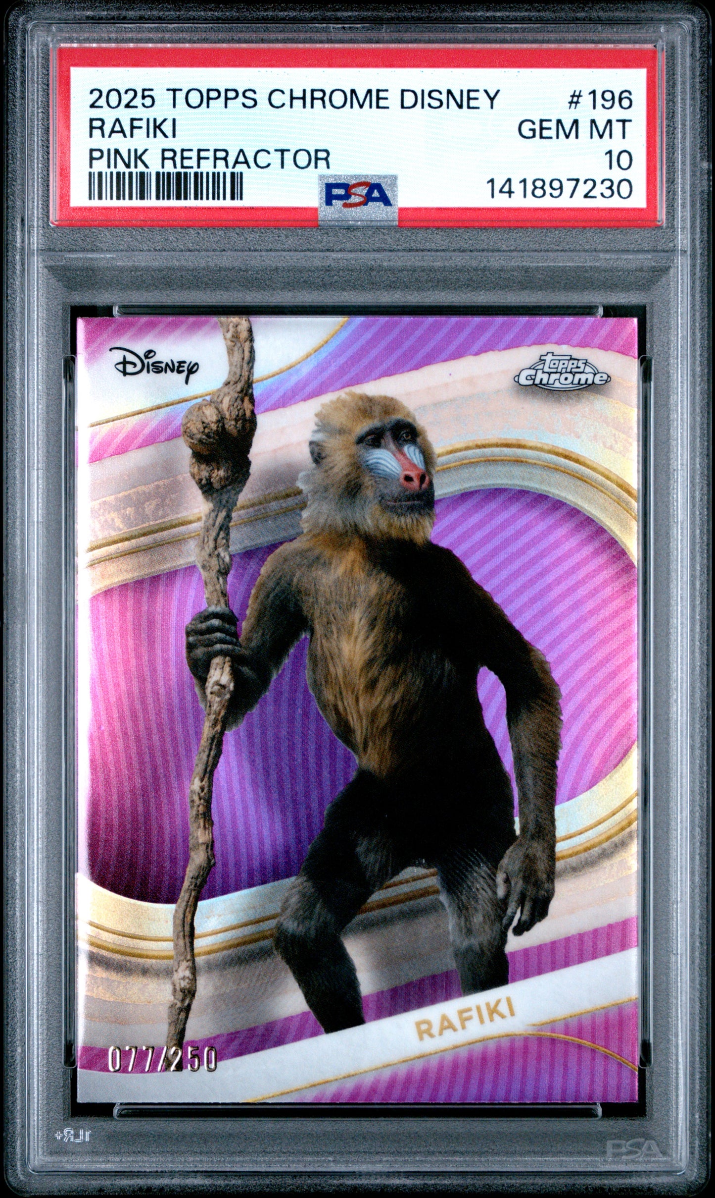 Graded 2025 Topps Chrome Disney Rafiki #196 Pink Refractor #/250 The Lion King Live Action Trading Card PSA 10 Gem Mint