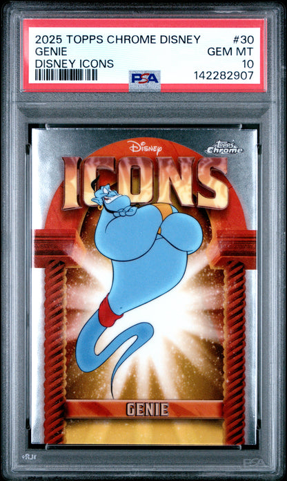 Graded 2025 Topps Chrome Disney Genie #30 Icons Aladdin Trading Card PSA 10 Gem Mint