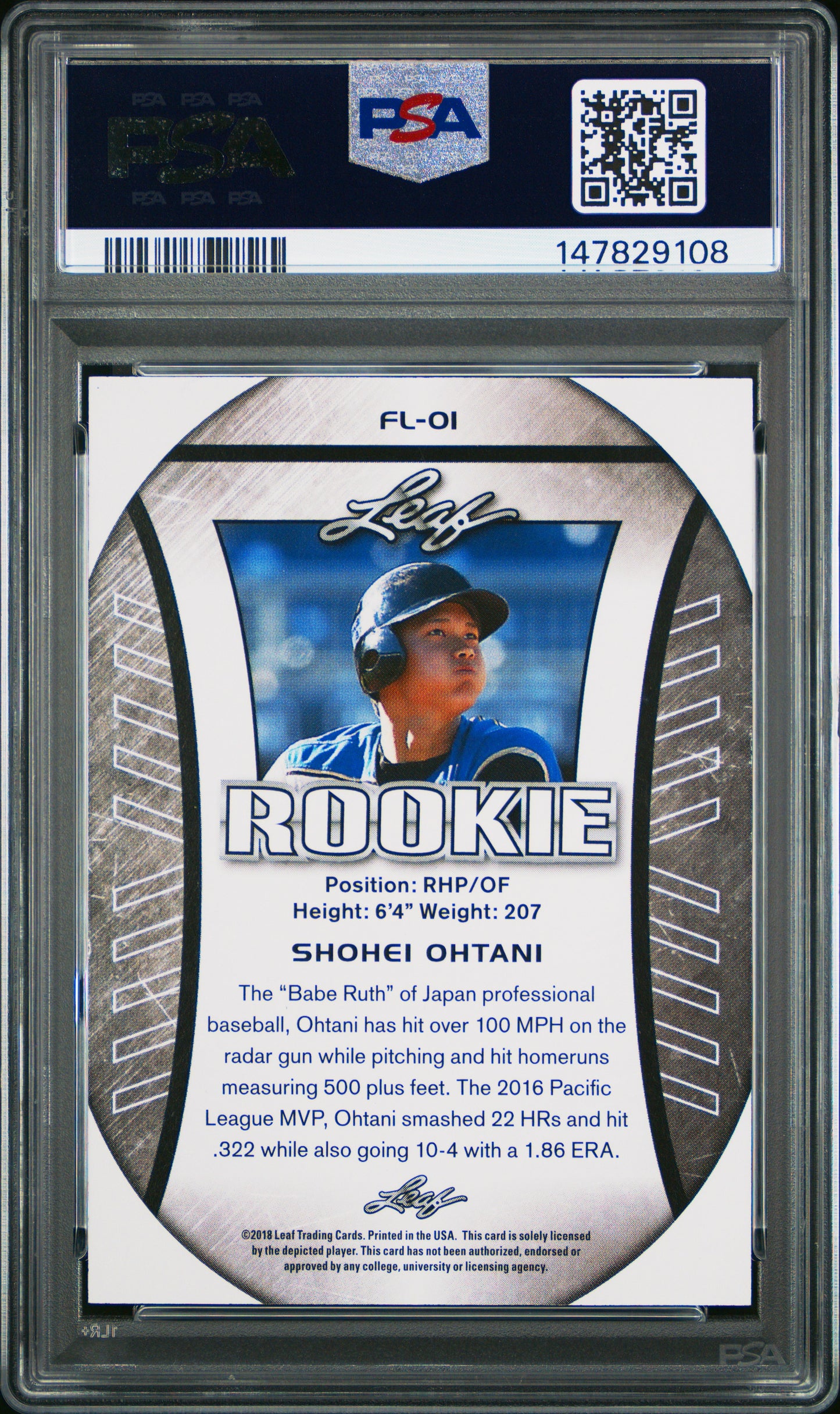 Graded 2018 Leaf Rookie Shohei Ohtani #FL-01 Exclusive Flag Rookie RC Baseball Card PSA 10 Gem Mint